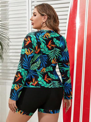 Swim SPRTY ملابس سباحة بيكيني بطبعة نباتية استوائية للسيدات بمقاس زائد، ملابس سباحة بأكمام طويلة للشاطئ