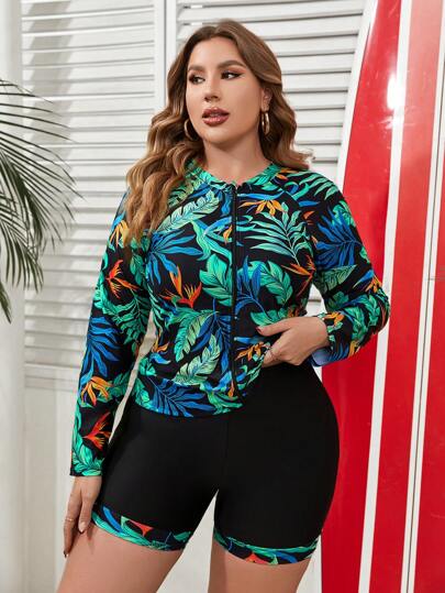 Swim SPRTY ملابس سباحة بيكيني بطبعة نباتية استوائية للسيدات بمقاس زائد، ملابس سباحة بأكمام طويلة للشاطئ