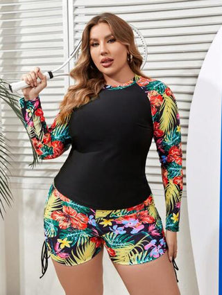 Swim SPRTY بيكيني بأكمام طويلة ورقبة دائرية وطبعات زهور للمقاسات الكبيرة
