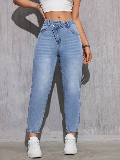 SHEIN EZwear بنطلون جينز بجيوب وتصميم خصر متداخل