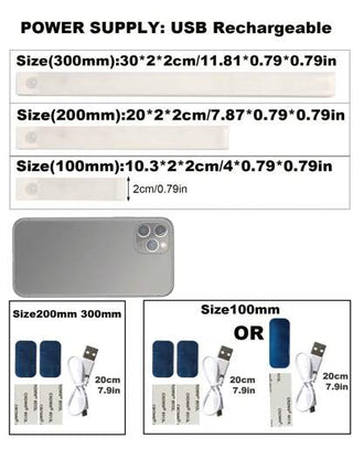 مصباح LED لاسلكي بحساس حركة و شريط لاصق مغناطيسي وجسم متحرك يمكن شحنه بواسطة USB بأطوال متغيرة 10/20/30cm، مناسب للمطبخ والحمام والسلالم والجدران والخزانة