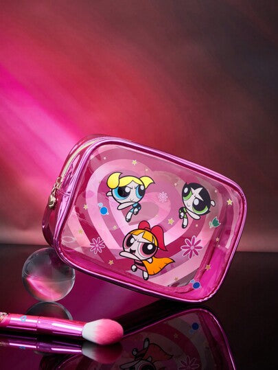 THE POWERPUFF GIRLS X SHEIN حقيبة مستحضرات تجميل شفافة نصفياً بنقش أزهار وفقاعات وأزهار البقدونس بشكل قلوب بطبعة القلوب