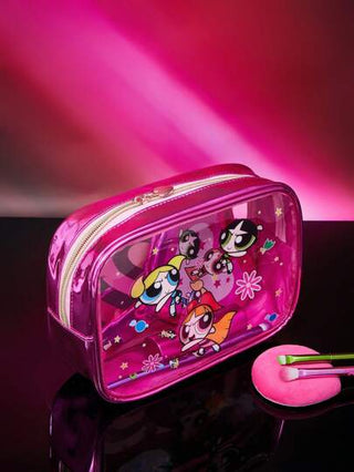 THE POWERPUFF GIRLS X SHEIN حقيبة مستحضرات تجميل شفافة نصفياً بنقش أزهار وفقاعات وأزهار البقدونس بشكل قلوب بطبعة القلوب