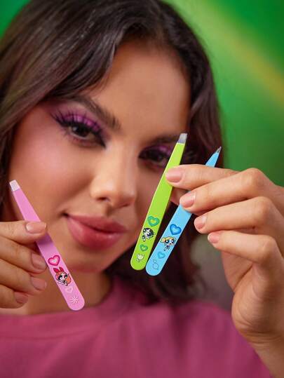 THE POWERPUFF GIRLS X SHEIN مجموعة 3 قطع ملقط الحواجب بنقشات ملونة للزهرة القلب والفقاعات والتوليبا