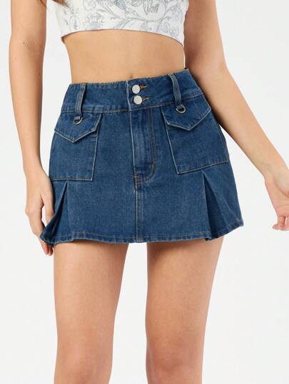 Forever 21 تنورة جينز قصيرة بتصميم الطيات مع خصر منخفض بأسلوب Y2k للنساء