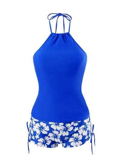 طقم تانكيني حريمي Swim Lushoire مجموعة تانكيني مطبوعة بالأزهار مع ملابس علوية قلنسوة بلون صلب للسيدات على الشاطئ في الصيف