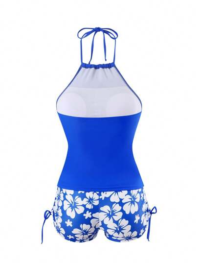 طقم تانكيني حريمي Swim Lushoire مجموعة تانكيني مطبوعة بالأزهار مع ملابس علوية قلنسوة بلون صلب للسيدات على الشاطئ في الصيف