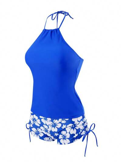 طقم تانكيني حريمي Swim Lushoire مجموعة تانكيني مطبوعة بالأزهار مع ملابس علوية قلنسوة بلون صلب للسيدات على الشاطئ في الصيف