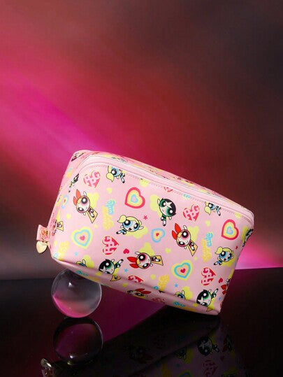 THE POWERPUFF GIRLS X SHEIN حقيبة تجميل قابلة للطي ذات سعة كبيرة بنمط أزهار الكرتون، فقاعات، زهور سدر بشكل قلوب، منظم متعدد الوظائف بأقسام متعددة، حقيبة أدوات تجميل للسفر، هدية