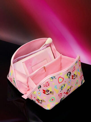 THE POWERPUFF GIRLS X SHEIN حقيبة تجميل قابلة للطي ذات سعة كبيرة بنمط أزهار الكرتون، فقاعات، زهور سدر بشكل قلوب، منظم متعدد الوظائف بأقسام متعددة، حقيبة أدوات تجميل للسفر، هدية