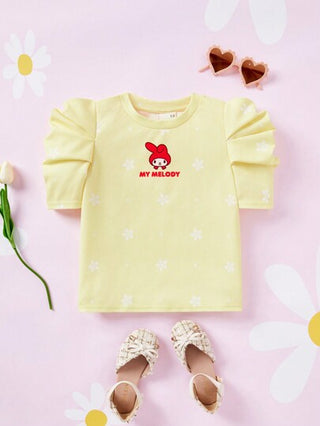 تيشيرتات بناتي HELLO KITTY AND FRIENDS |  تيشيرت فتاة مراهقة بأكمام منتفخة وطبعة كرتونية وأزهار