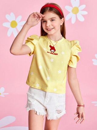 تيشيرتات بناتي HELLO KITTY AND FRIENDS |  تيشيرت فتاة مراهقة بأكمام منتفخة وطبعة كرتونية وأزهار