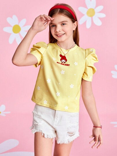 تيشيرتات بناتي HELLO KITTY AND FRIENDS |  تيشيرت فتاة مراهقة بأكمام منتفخة وطبعة كرتونية وأزهار