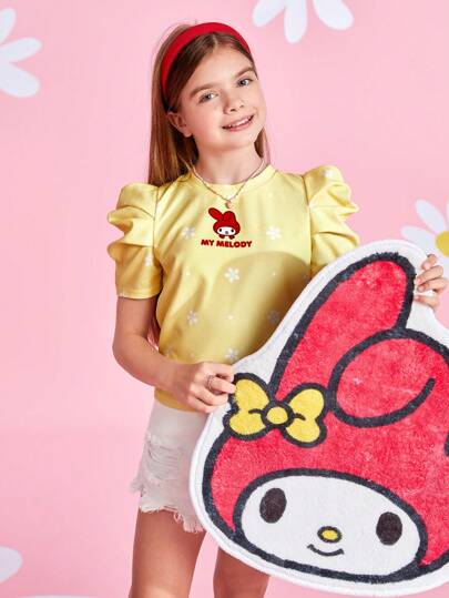 تيشيرتات بناتي HELLO KITTY AND FRIENDS |  تيشيرت فتاة مراهقة بأكمام منتفخة وطبعة كرتونية وأزهار