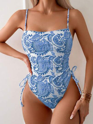 مايوه حريمي قطعة واحدة Swim مايوه متماسك جانبيًا مع بطانات مربعة الشكل بنمط Paisley وحمالات كتف