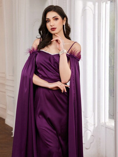 Modelyn فستان كامي بأكمام رباط الكتف المفتوحة بفراء الكتف