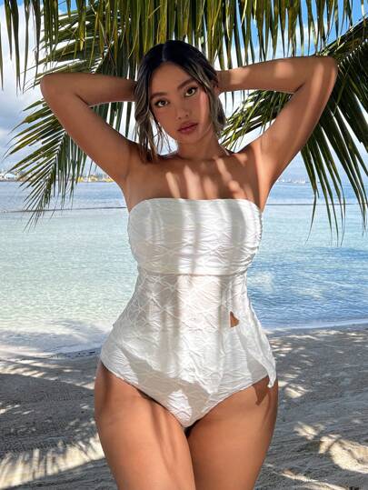 طقم تانكيني حريمي Swim Mod مجموعة بيكيني من شريط الصدر وقاع مصفر مقسم لسيدات