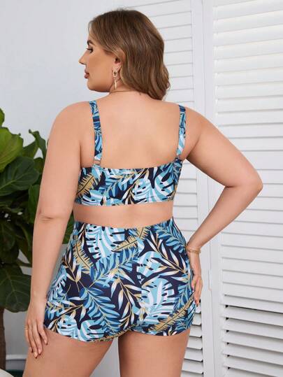 Swim Lushoire بикини للنساء ذوات الحجم الإضافي مطبوع بطبعة نباتات استوائية مع ربطة أمامية، إكسسوارات الشاطئ الصيفية
