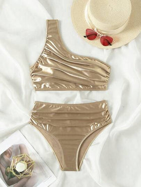 SHEIN Swim بكيني بياقة واحدة مكشكش بدون أكمام للنساء، طقم بكيني ملابس شاطئ ملابس سباحة بذلة سباحة موسيقى الصيف المهرجان الصيفي، شاطئ الصيف