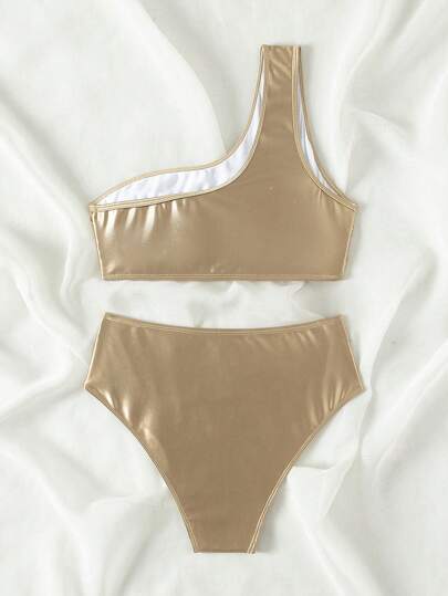 SHEIN Swim بكيني بياقة واحدة مكشكش بدون أكمام للنساء، طقم بكيني ملابس شاطئ ملابس سباحة بذلة سباحة موسيقى الصيف المهرجان الصيفي، شاطئ الصيف