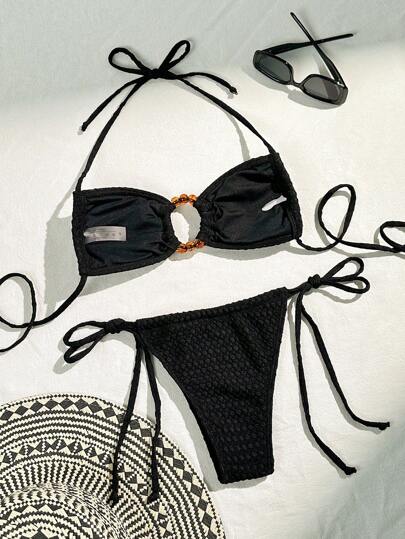 Swim مجموعة بيكيني عنق الخنجر المtextured، ملابس سباحة سلسلة بيكيني قطعتين ملابس سباحة للنساء في الشاطئ