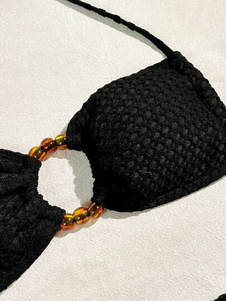 Swim مجموعة بيكيني عنق الخنجر المtextured، ملابس سباحة سلسلة بيكيني قطعتين ملابس سباحة للنساء في الشاطئ