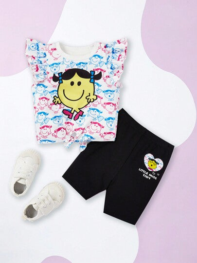 Mr Men Little Miss X  قطعة رأسية فتيات رضع بنمط كرتوني يحتوي على كشكش وردية عند الإبط وكعب مرتبط وشورت