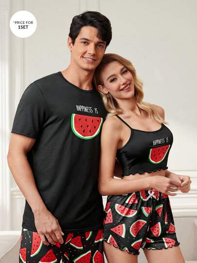 CoupledUp قميص رجالي مطبوع برسومات الفواكه مع شورت لباس البيت لفصل الصيف