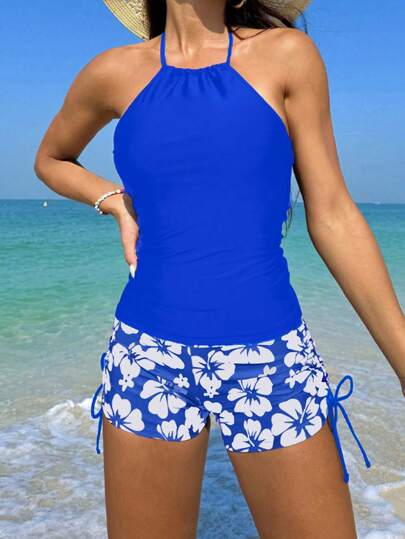 طقم تانكيني حريمي Swim Lushoire مجموعة تانكيني مطبوعة بالأزهار مع ملابس علوية قلنسوة بلون صلب للسيدات على الشاطئ في الصيف