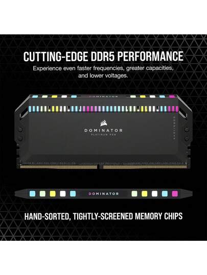 CORSAIR ذاكرة سطح المكتب من Corsair DOMINATOR PLATINUM RGB DDR5 بسعة 32 جيجابايت و 64 جيجابايت وسرعة 6000 و 7200 و 7600 ميجا هرتز مع تحسين لنظام Intel، مزودة بنظام تبريد DHX وتقنية XMP 3.0