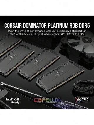CORSAIR ذاكرة سطح المكتب من Corsair DOMINATOR PLATINUM RGB DDR5 بسعة 32 جيجابايت و 64 جيجابايت وسرعة 6000 و 7200 و 7600 ميجا هرتز مع تحسين لنظام Intel، مزودة بنظام تبريد DHX وتقنية XMP 3.0