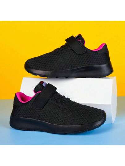 حذاء رياضي نسائي خفيف الوزن ومريح واسود صلب، قماش شبكي يسمح بالتهوية، حذاء كاجوال متعدد الاستعمالات للربيع والصيف، سهل الانتعال مع تصميم شريط إبزيم