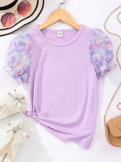 SHEIN تي شيرت رقبة دائرية بأكمام منتفخ بتصميم زهرة 3D بنفسجي لأعمار (الفتيات المراهقات)