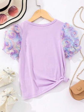 SHEIN تي شيرت رقبة دائرية بأكمام منتفخ بتصميم زهرة 3D بنفسجي لأعمار (الفتيات المراهقات)