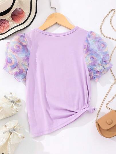SHEIN تي شيرت رقبة دائرية بأكمام منتفخ بتصميم زهرة 3D بنفسجي لأعمار (الفتيات المراهقات)