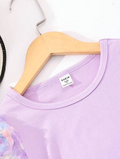 SHEIN تي شيرت رقبة دائرية بأكمام منتفخ بتصميم زهرة 3D بنفسجي لأعمار (الفتيات المراهقات)