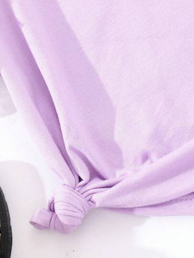 SHEIN تي شيرت رقبة دائرية بأكمام منتفخ بتصميم زهرة 3D بنفسجي لأعمار (الفتيات المراهقات)