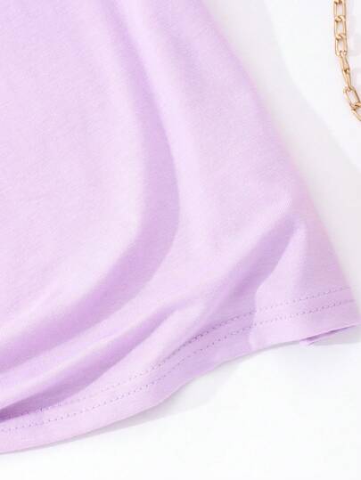 SHEIN تي شيرت رقبة دائرية بأكمام منتفخ بتصميم زهرة 3D بنفسجي لأعمار (الفتيات المراهقات)