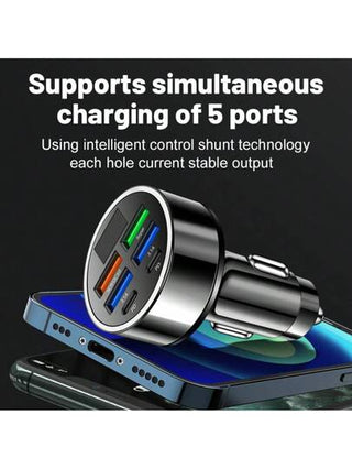 شاحن سيارة رقمي العرض 100 واط 6 منافذ، شحن سريع بتقنيات PD و QC3.0 ، USB C شاحن هاتف للسيارة نوع C متوافق مع آيفون