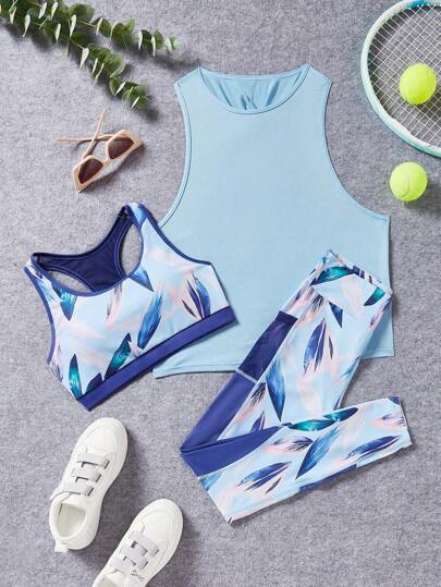 SHEIN Sport Studio سرة رياضية مطبوعة للنساء، بنطلون واسع الخصر وأعلى خلفي مجدول، طقم ملابس رياضية للنساء, طقم بنطلونات رياضية للنساء