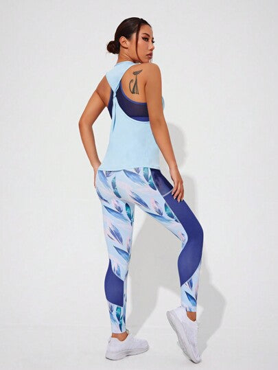 SHEIN Sport Studio سرة رياضية مطبوعة للنساء، بنطلون واسع الخصر وأعلى خلفي مجدول، طقم ملابس رياضية للنساء, طقم بنطلونات رياضية للنساء