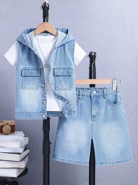 SHEIN مجموعة سترة وشورت دنيم لولد في المرحلة الانتقالية مع غطاء رأس