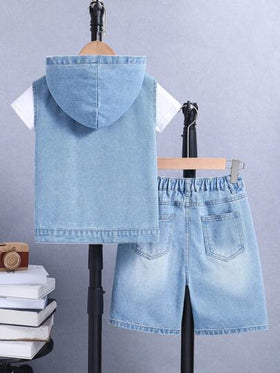SHEIN مجموعة سترة وشورت دنيم لولد في المرحلة الانتقالية مع غطاء رأس