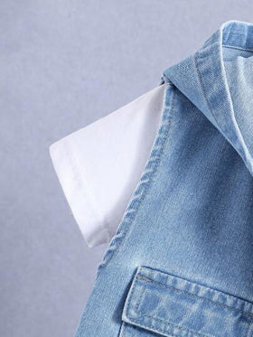 SHEIN مجموعة سترة وشورت دنيم لولد في المرحلة الانتقالية مع غطاء رأس
