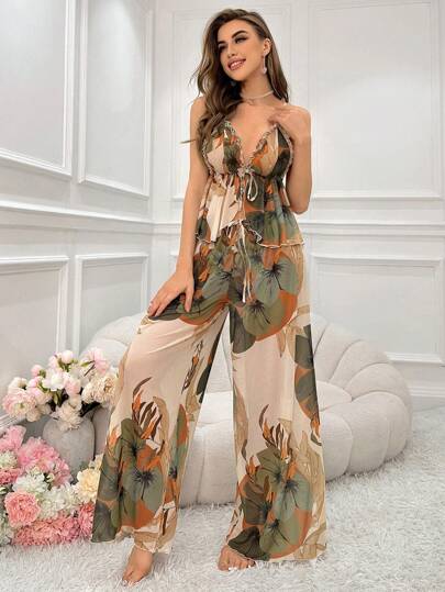 SHEIN طقم بيجاما للسيدات يتكون من قميص بلا أكمام برباط خلفي وبنطال