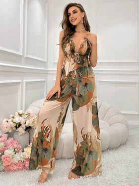 SHEIN طقم بيجاما للسيدات يتكون من قميص بلا أكمام برباط خلفي وبنطال