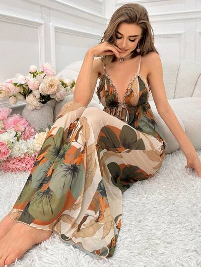 SHEIN طقم بيجاما للسيدات يتكون من قميص بلا أكمام برباط خلفي وبنطال