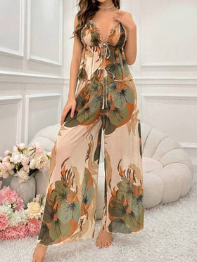 SHEIN طقم بيجاما للسيدات يتكون من قميص بلا أكمام برباط خلفي وبنطال