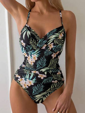 Swim Lushoire بدلة سباحة نسائية قطعة واحدة مع أربطة رفيعة وطبعات نباتية عشوائية للسباحة والعطلات والشاطئ الصيفي