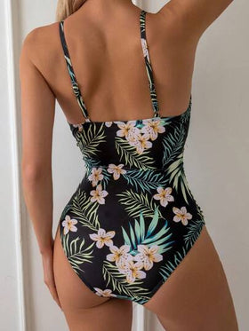 Swim Lushoire بدلة سباحة نسائية قطعة واحدة مع أربطة رفيعة وطبعات نباتية عشوائية للسباحة والعطلات والشاطئ الصيفي